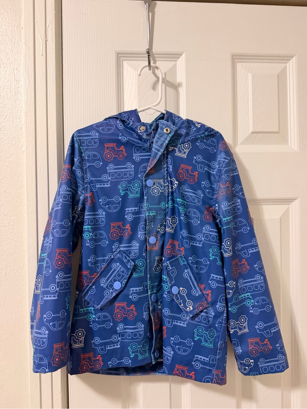Children's Blue Vehicle-Print Hooded Raincoat jacket size 6